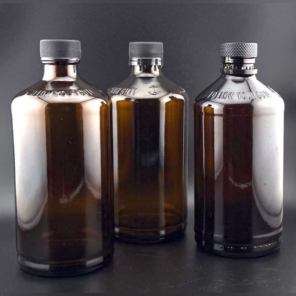 3 Anchor Hocking Apothecary Jars. “Follow Your Gut” embossed on the glass. Vtg